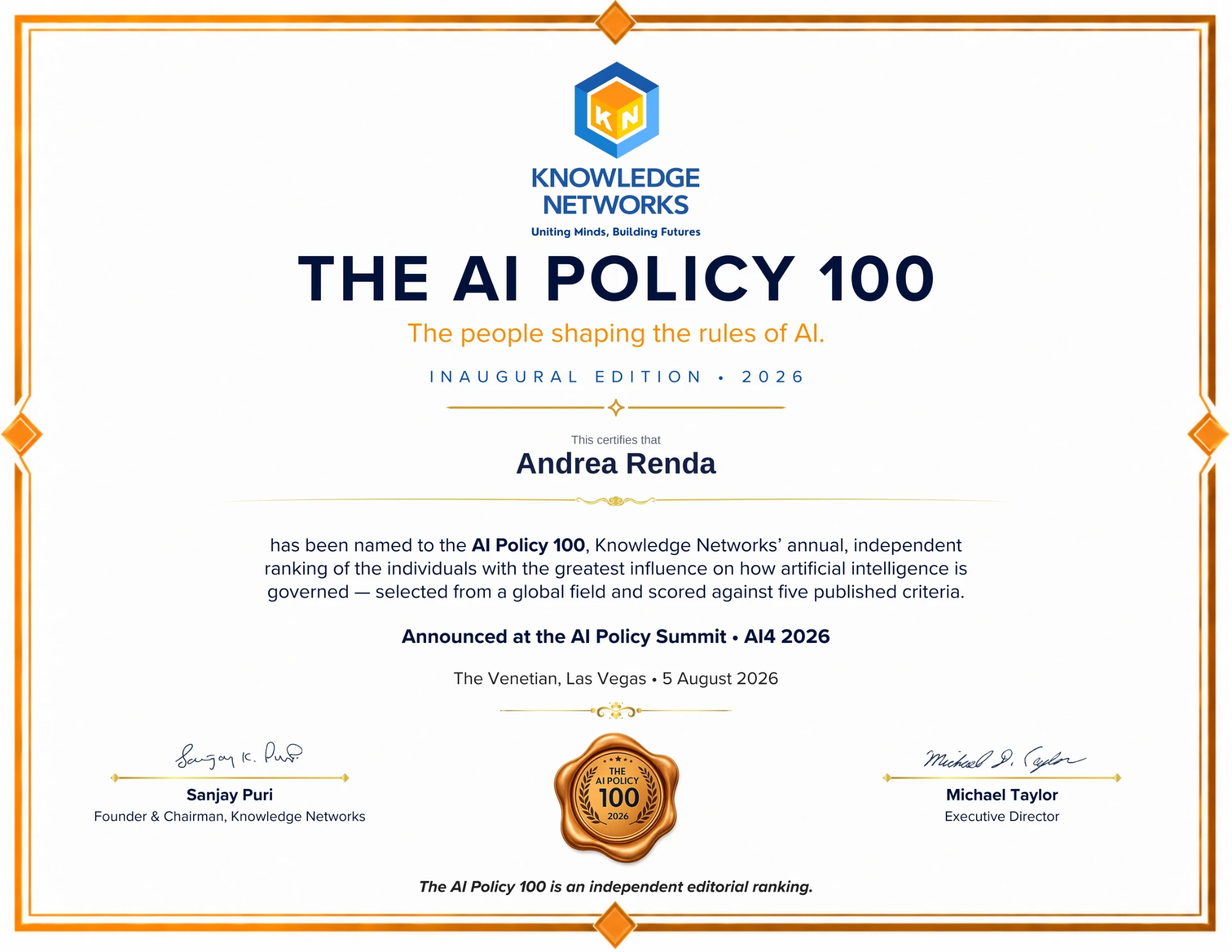 AI Policy 100 certificate naming Andrea Renda